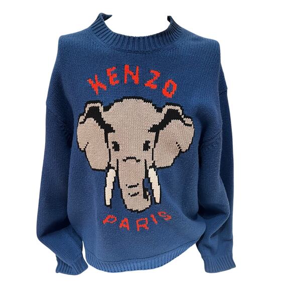 Kenzo Paris Elephant Wool Sweater Blue Grey Size Men's Large